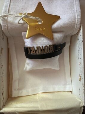 Dior Black Leather Double Wrap Bracelet with Gold Letters